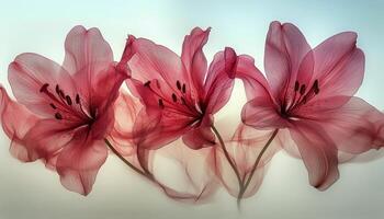 Three pink flowers are shown in a photo