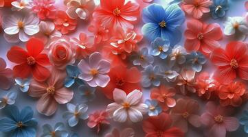 A bunch of colorful flowers are arranged on a white surface photo