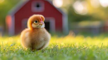 A small baby chicken standing in the grass near a red barn photo