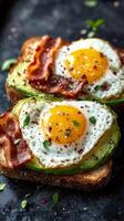 Two slices of bread with bacon and eggs photo