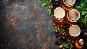 Beer glasses with different types of beer on a dark background photo