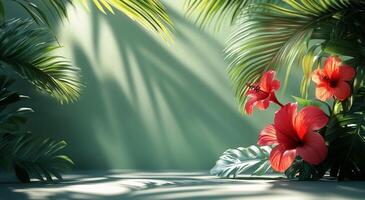 Tropical background with red flowers and palm leaves photo