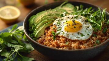 Quinoa, egg, avocado, and greens photo