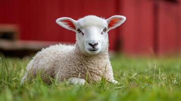 A baby sheep laying in the grass photo