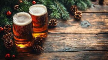 Two glasses of beer with christmas decorations on a wooden table photo