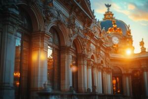 The sun is setting over a building with ornate architecture photo