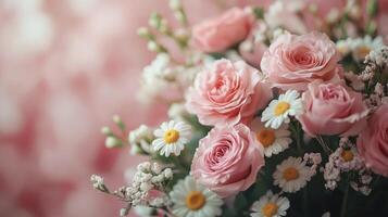 Pink roses and daisies are in a vase photo