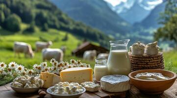 Dairy products on a table with cows and mountains in the background photo
