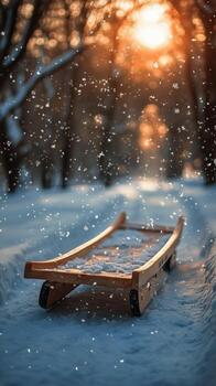 A sled is sitting in the snow with snow falling photo