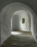 A white room with a stone floor and arched windows photo