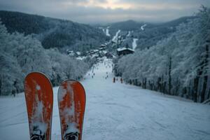 A pair of skis on the ground photo