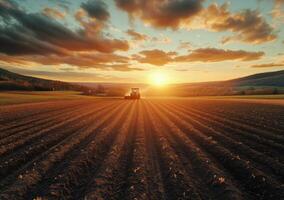 A tractor is plowing a field at sunset photo