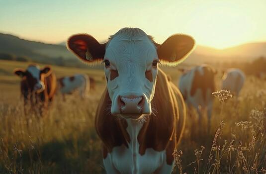 A cow is standing in a field with the sun setting photo