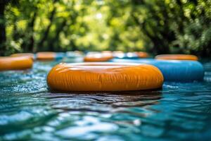 An inflatable raft floating in a river photo
