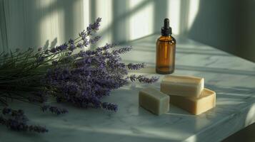 A bottle of lavender oil and a bar of soap photo