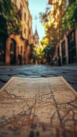 A map laying on the ground in a city street photo