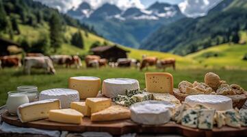 Cheese and milk on a table in front of mountains photo