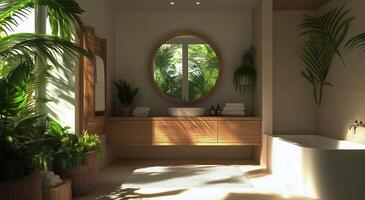 A bathroom with a large window and a large mirror photo