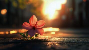 A flower growing out of the ground in the middle of a street photo