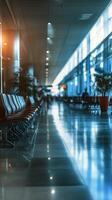Empty airport terminal with chairs and plants photo