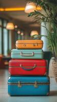 A stack of colorful suitcases sitting on top of each other photo