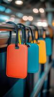 A row of luggage tags hanging on a metal rail photo