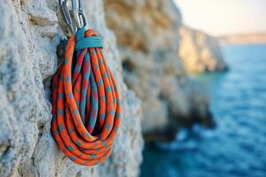 Orange and blue rope tied to a rock photo