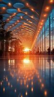 A view of an airport terminal at sunset photo