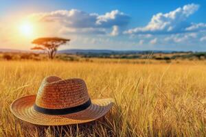 Straw hat in the african savannah at sunset photo