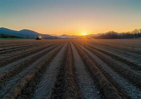 A tractor plowing a field at sunset photo