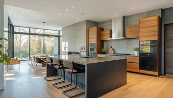 Modern kitchen with wooden floors and concrete walls photo