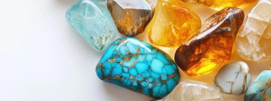 Colorful collection of polished gemstones displaying unique patterns and textures in bright light photo