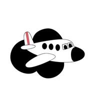 plane illustration with big windows flying through a bold black cloud, minimal and playful cartoon aesthetic vector