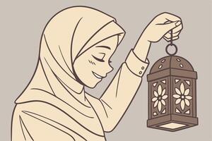 Portrait of a young woman in a hijab holding a traditional lantern, with a soft glow, celebrating Ramadan, Islamic elements background vector