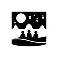 A group of people gathered by the riverbank, celebrating Eid under a crescent moon with lanterns and a peaceful desert landscape vector