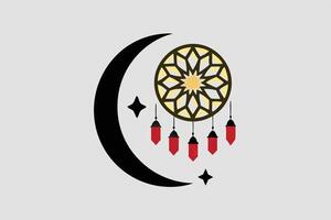 Beautiful crescent moon with star design and decorative lanterns, Islamic elements Background for Ramadan themed design vector
