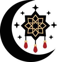 Elegant crescent moon with ornate geometric star and hanging lanterns, Islamic elements Background for festive design and decoration vector