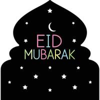 Modern Eid Mubarak text with bold and playful colors, adorned with stars, creating a joyful, celebratory atmosphere for Eid festivities vector