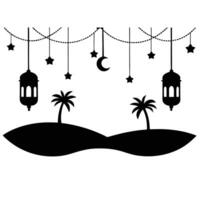A serene Eid night scene featuring glowing lanterns, stars, and palm trees under the crescent moon, evoking a peaceful and festive atmosphere vector