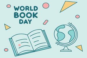 Vibrant World Book Day banner design with a globe and book symbolizing global knowledge, surrounded by playful geometric elements vector