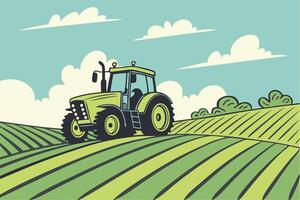 A farmer plowing the soil with a modern tractor, showcasing farming technology on a large green field with a clear sky and agricultural landscape vector