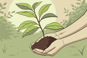 Earth Day teamwork, hands gently holding a sapling for natures future, promoting green spaces and environmental responsibility vector
