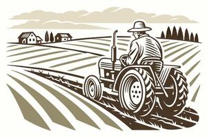 a metal plow cutting through soil with a farmer .eps vector