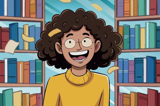 World Book Day Woman Smiling with Books Floating Around, A Celebration of Reading, Knowledge, and Creativity vector