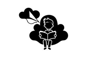 Whimsical World Book Day illustration of a young reader surrounded by clouds, exploring the world of books while a paper airplane flies by vector
