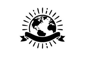 Global Unity Emblem Featuring a World Map Earth Day Surrounded by Radiant Sunburst and a Blank Banner vector
