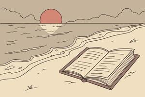 A peaceful beach scene with an open book and sunset, representing World Book Day, relaxation, and love for reading vector