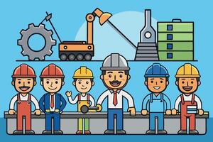 Engineers and skilled laborers in protective uniforms working in a factory, focused on precision work with machinery and production lines vector
