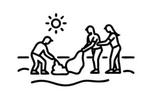Three people collaborating on beach cleanup under Earth Day sunny skies collecting trash into a large bag vector