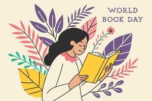 A girl reading with excitement while surrounded by plants and colorful leaves to commemorate World Book Day vector